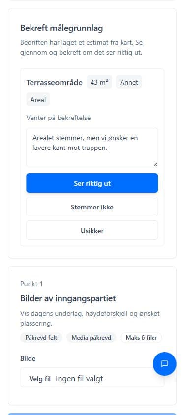 Mobilskjerm med digital befaring, sjekkliste og bildeopplasting