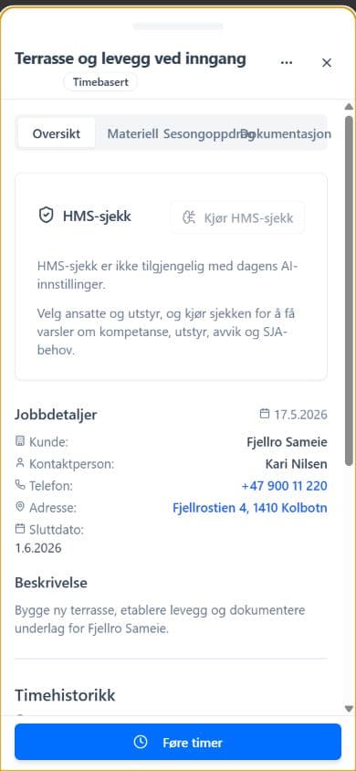 Ansattvisning på mobil med jobbdetaljer og timehistorikk