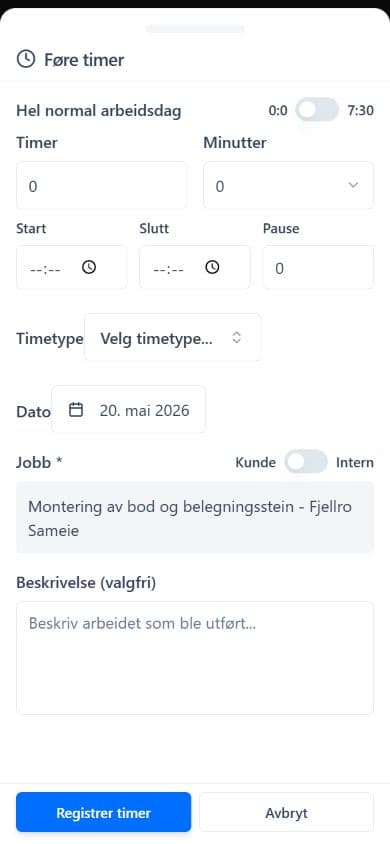 Mobilmockup av timeføring i Jobbix