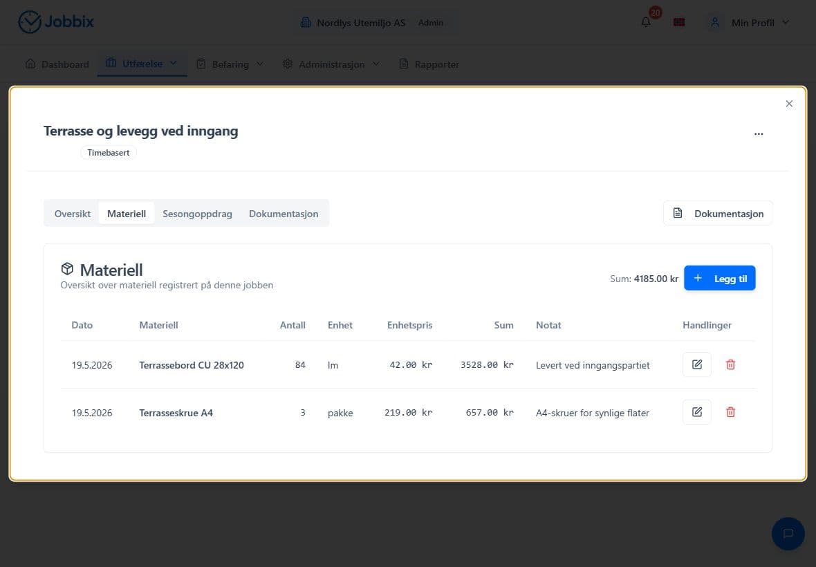Adminvisning av jobb med interne detaljer i Jobbix